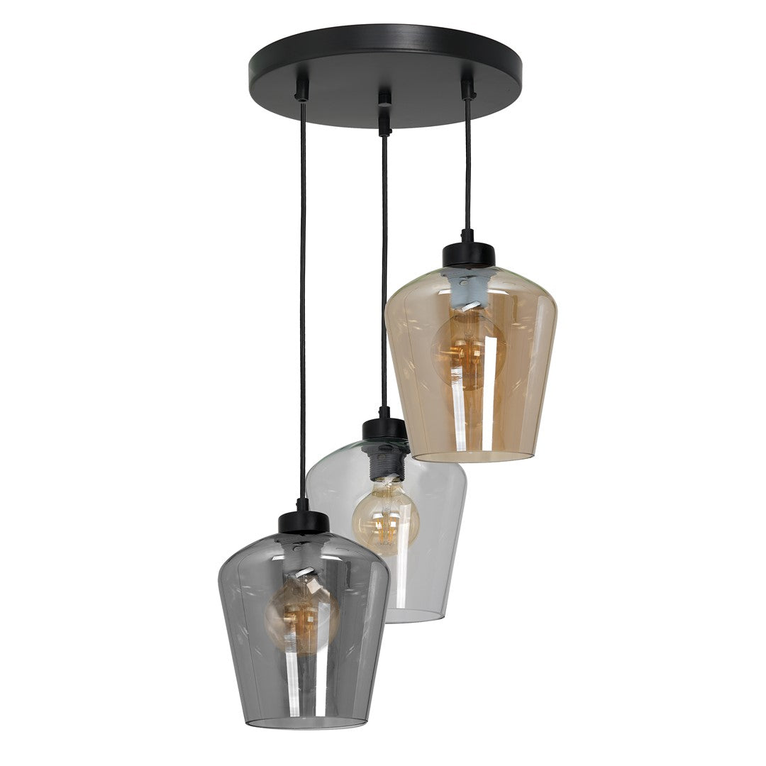 Santiago Triple Black Pendant Lamp E27 Hand Made With Elegant Glassshades In Delicate Amber Cool Smoked Grey And Clear
