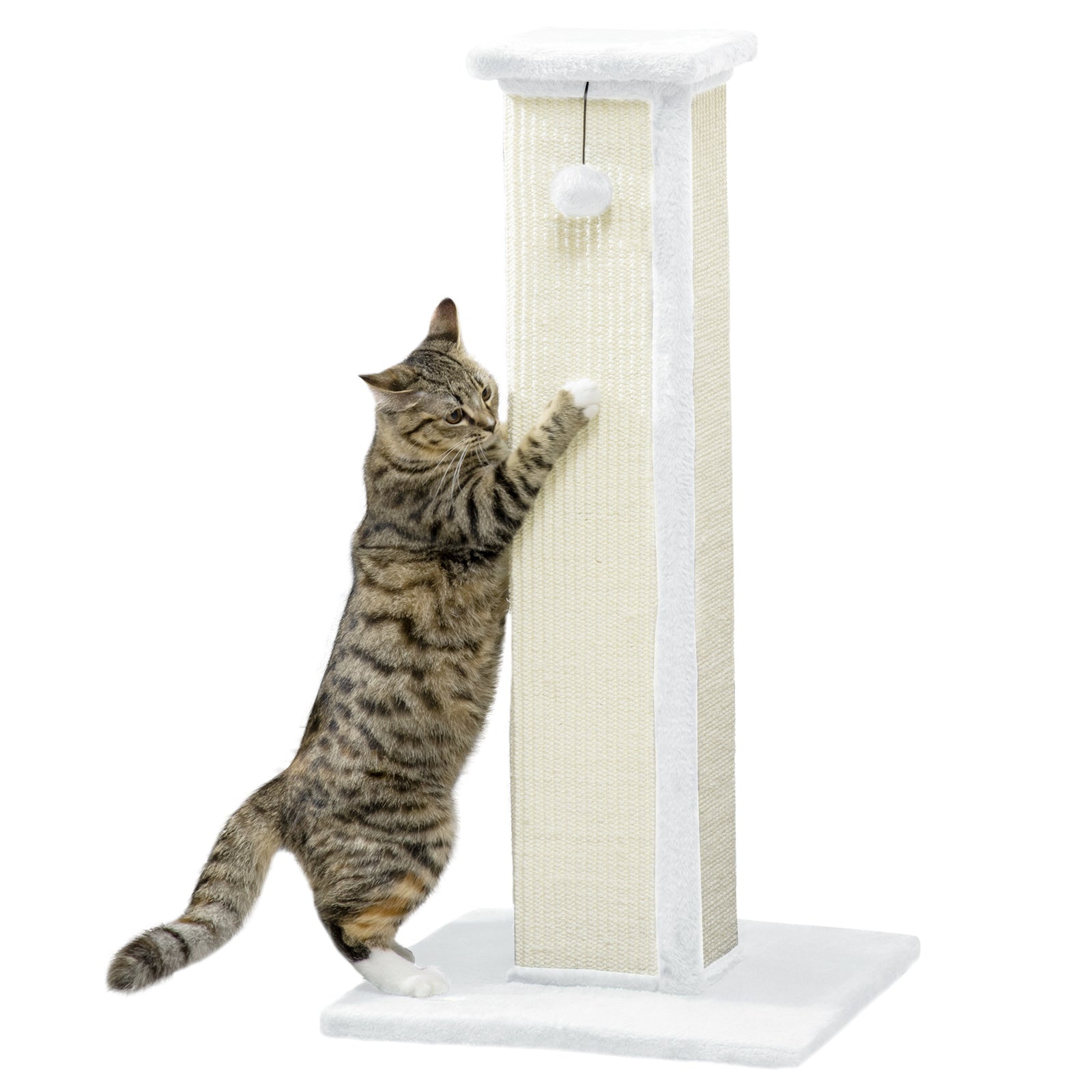 81cm Cat Scratching Post W/ Sisal Rope, Hanging Ball Soft Plush | White