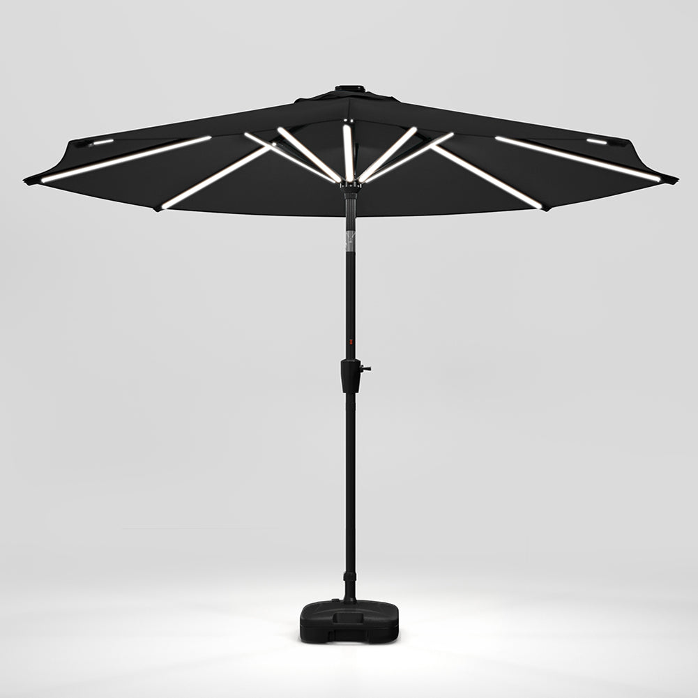 3m Solar Led Patio Umbrella, Outdoor Parasol With 16 Led Tubes, Crank Lift & Push Button Tilt With Fillable Base | One Size | Dark Grey