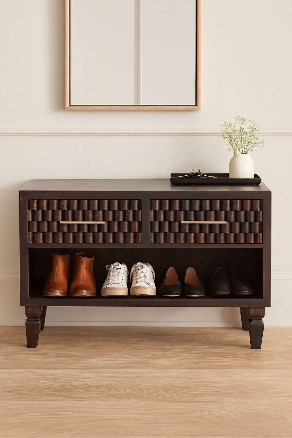 Cadiz Carved Shoe Storage Bench, 2 Drawers, 1 Open Slot, Dark Brown