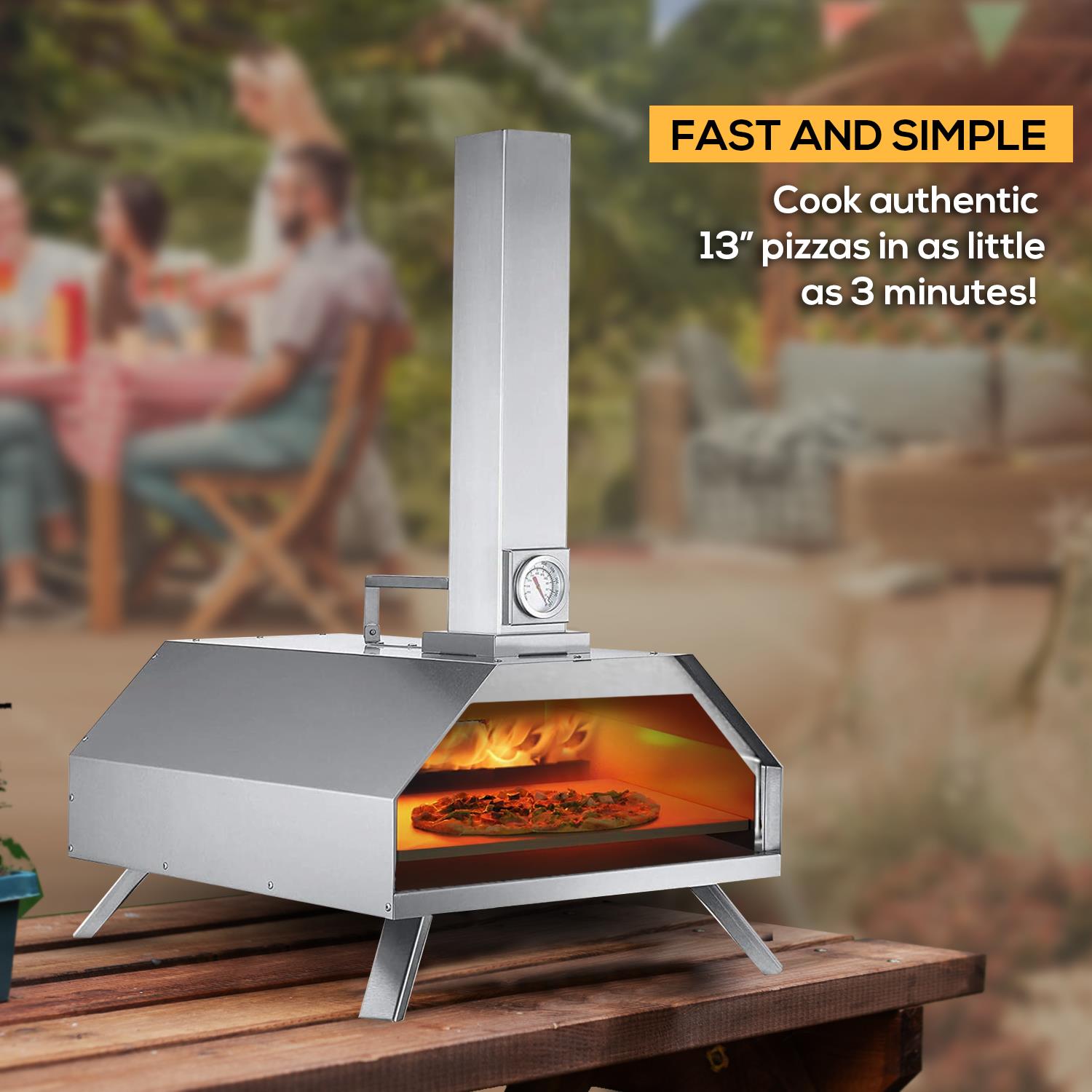 Pizza Oven With Built-in Thermometer, Rain Cover & Pizza Paddle, Silver