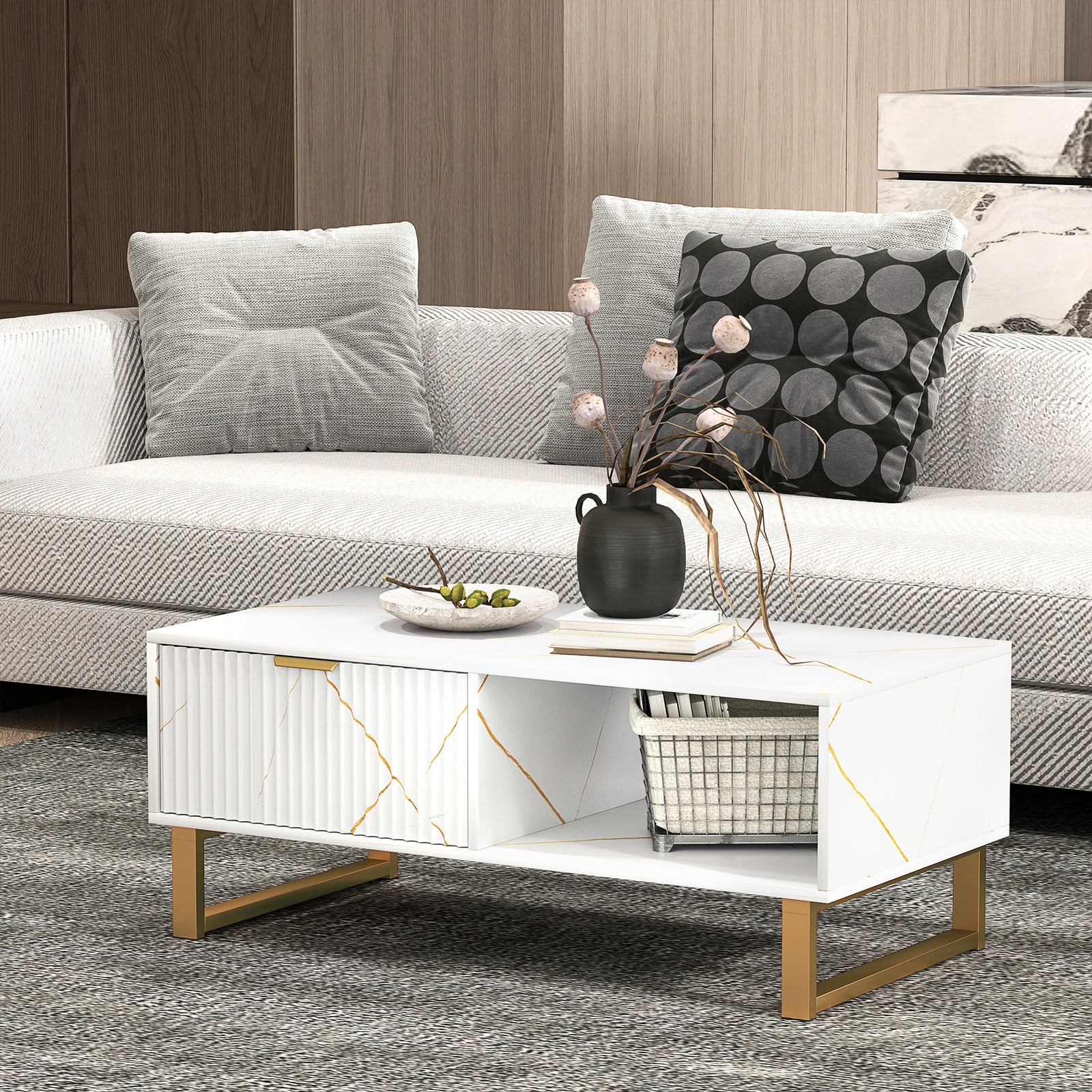 HOMCOM Coffee Table, Living Room Table With Drawer And Open Shelves