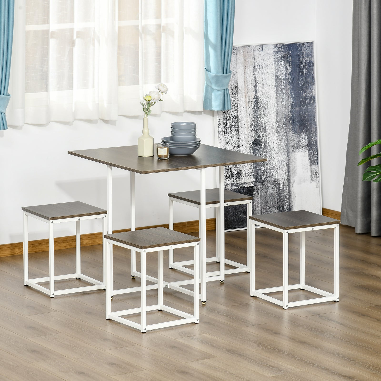 5pc Dining Table Set, Metal Frame, Square Table