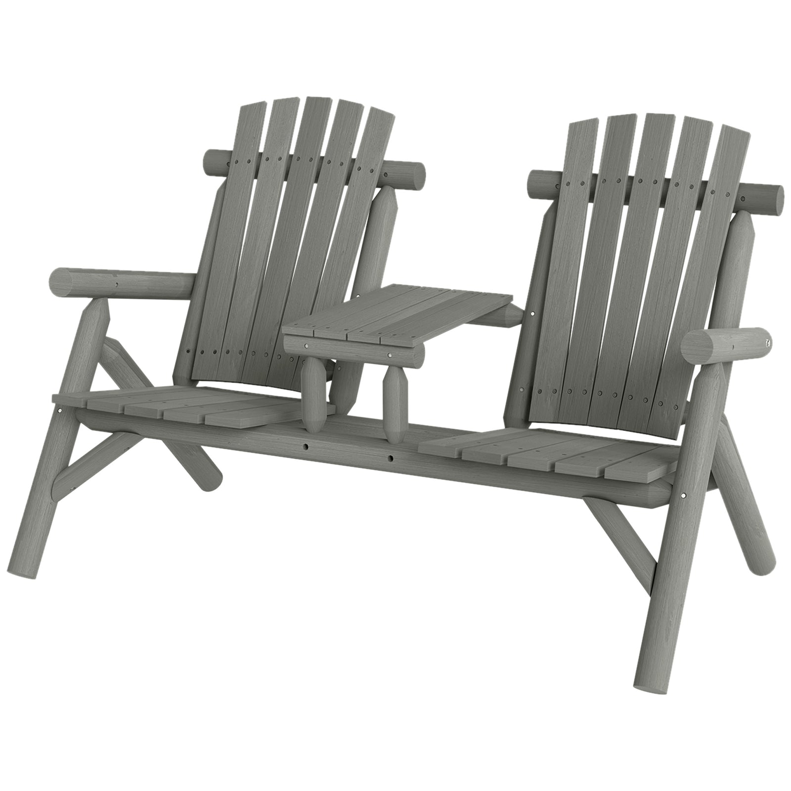 Wood Patio Bench 2 Seats W/ Centre Coffee Table, Grey