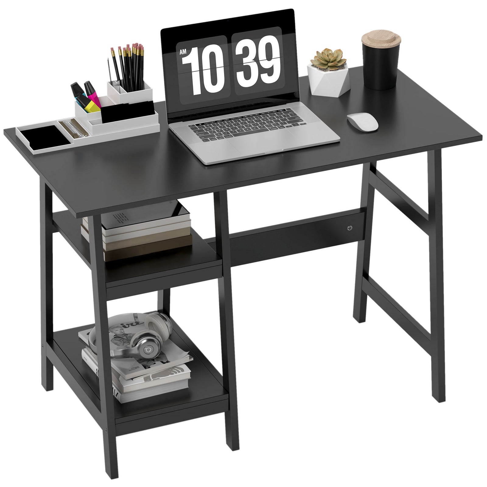 Compact Computer Desk With Storage Shelves For Home Office | Black