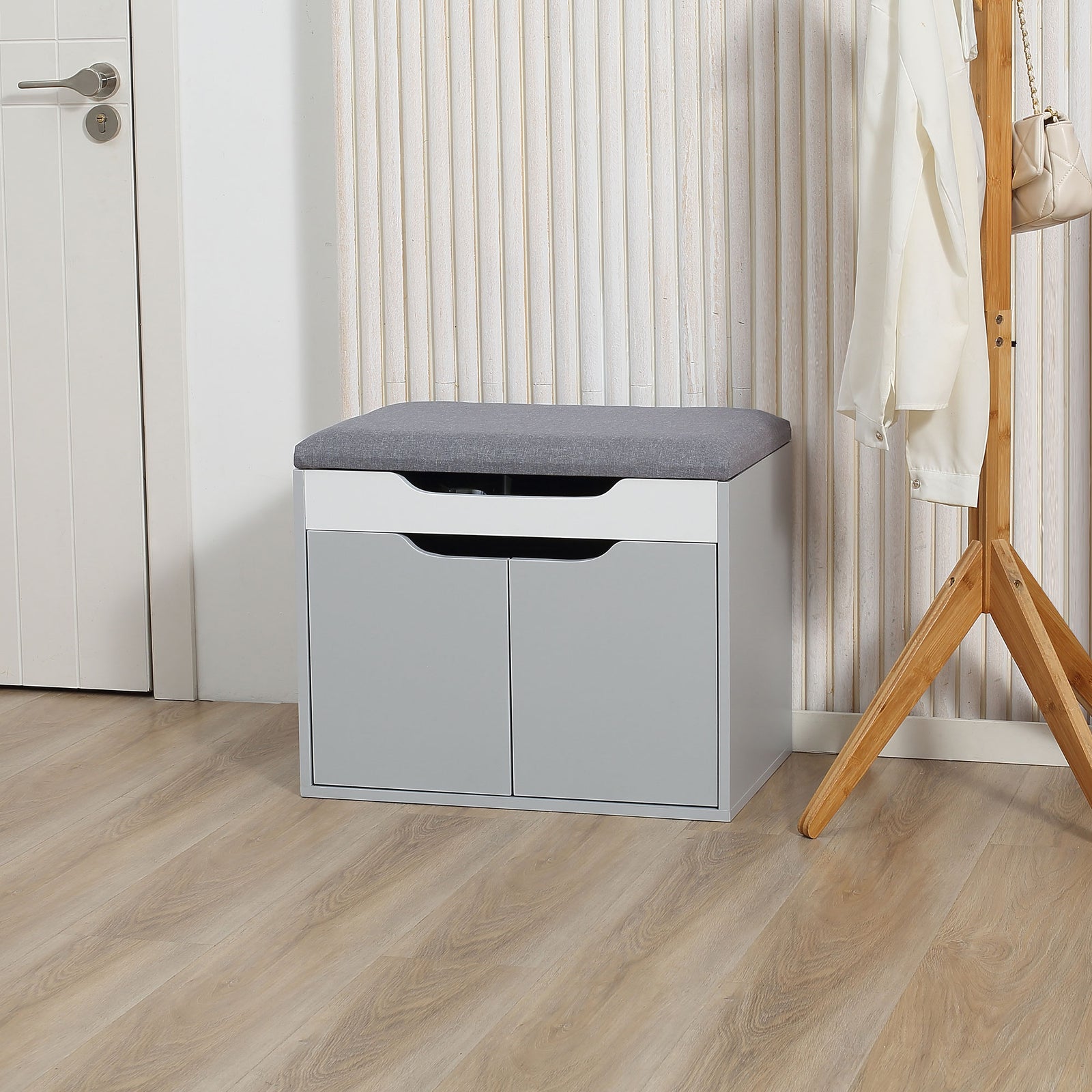 Upholstered Entryway Shoe Bench W/ Storage Cabinet