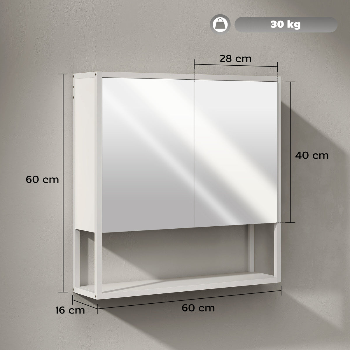 Industrial Bathroom Cabinet With 2 Mirrored Doors Open Shelf | White