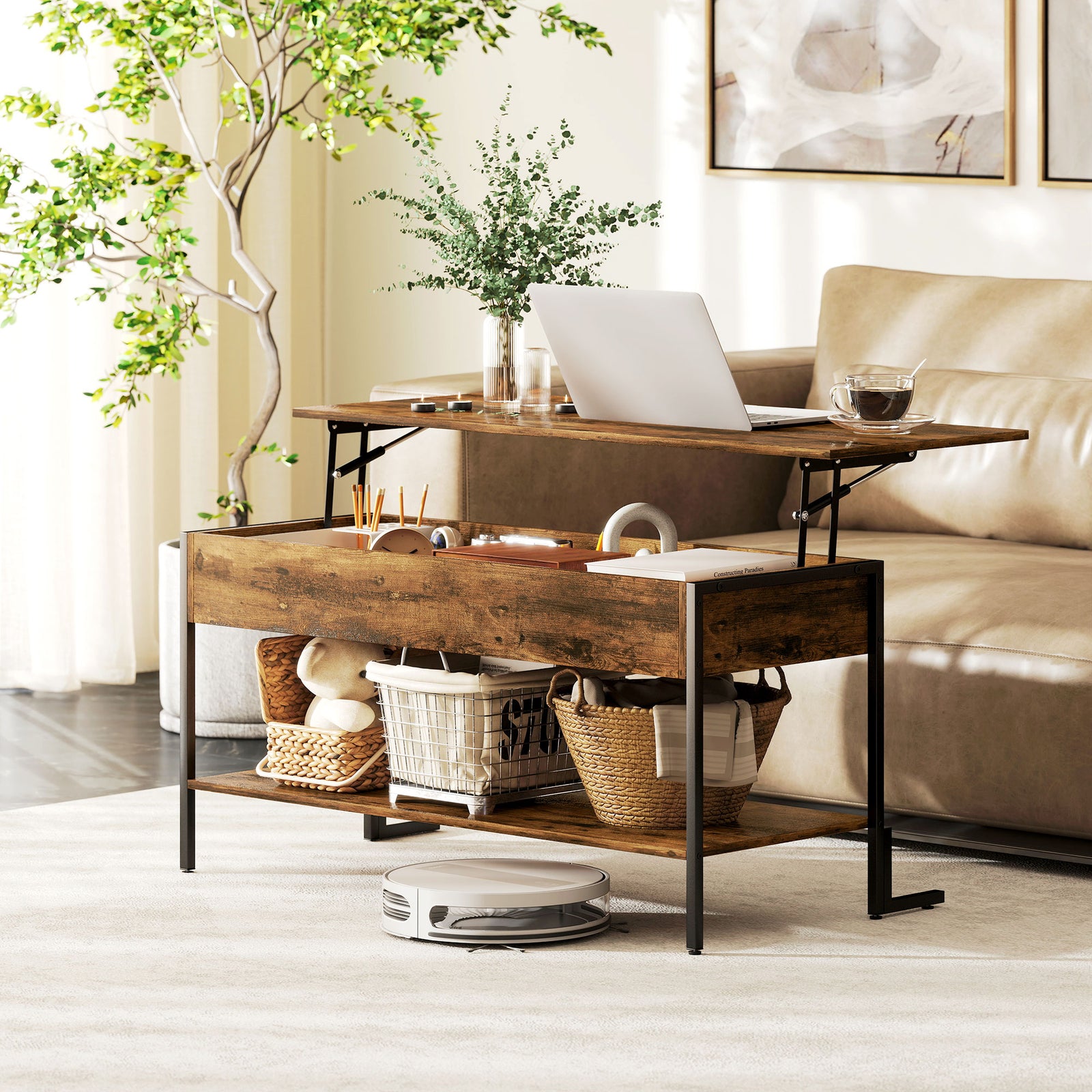 HOMCOM Industrial Lift Top Coffee Table With Storage Shelf Rustic Brown