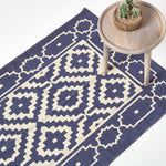 Halmstad Blue And White Scandi Style 100% Cotton Printed Rug | 150cm x 95cm | Navy Blue