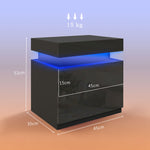 High Gloss Bedside Table With Led Light And 2 Drawers, Black