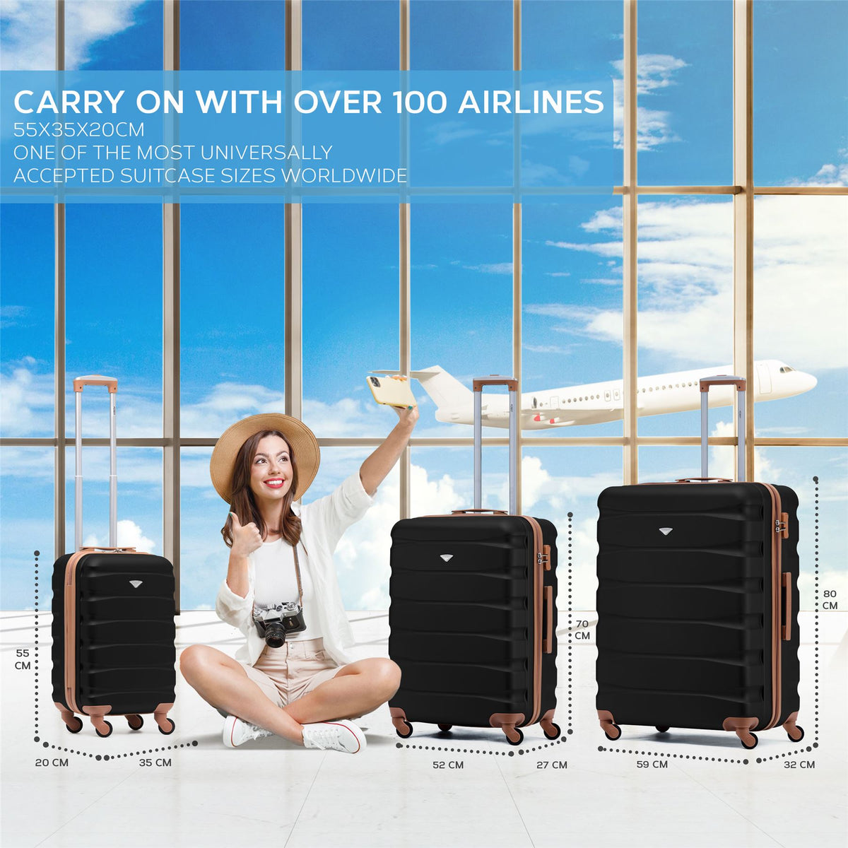 Set Of 3 Hard Shell Suitcase Cabin & Check In Cases With Tsa Lock - Overhead Cabin With Medium & Large Check-in Bag | Set of 3 | Black & Brown