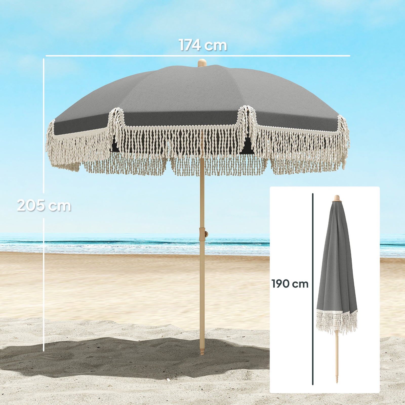1.7 M Beach Umbrella, Adjustable Height Portable Parasol | Grey