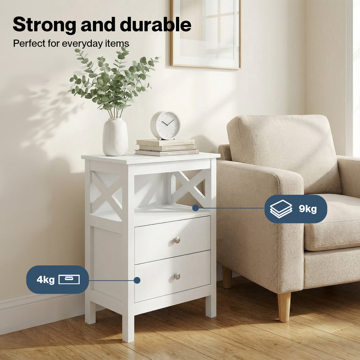 Bedside Table Wood Nightstand Cabinet 2 Storage Drawers Open Shelf | White