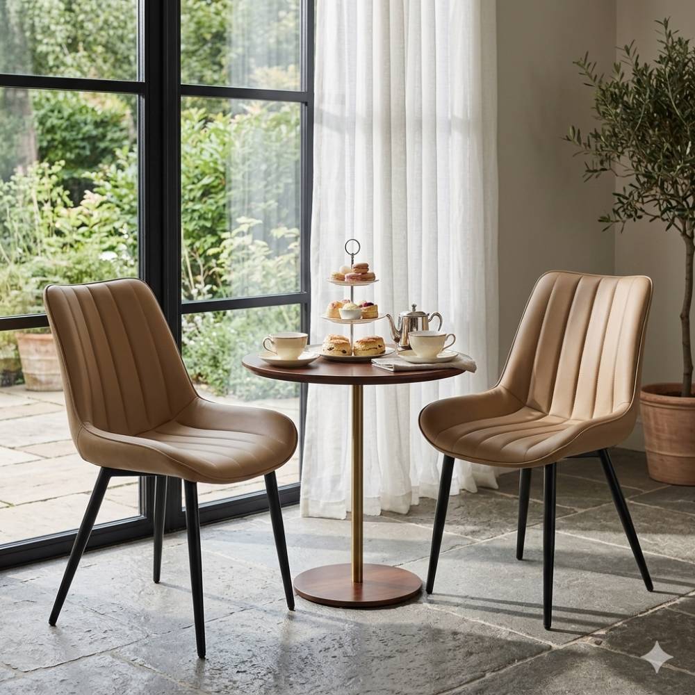 Set Of 2/4 Pu Leather Dining Chairs – Quilted Light Brown Upholstery, Wooden Frame, Metal Legs | Set of 2 | Light Brown