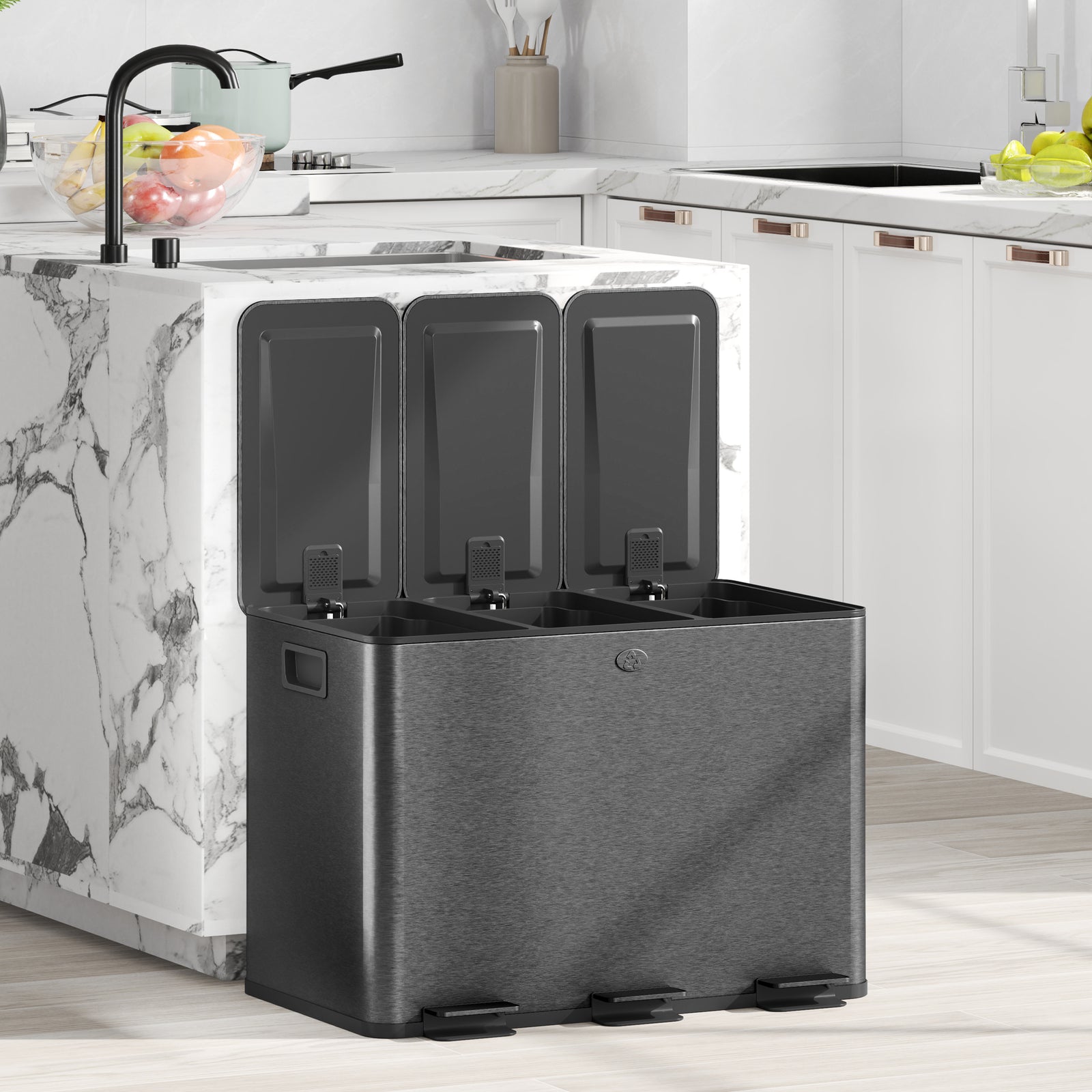 3 X 20l Triple Kitchen Bin Pedal Bin For Recycling And Waste | Black