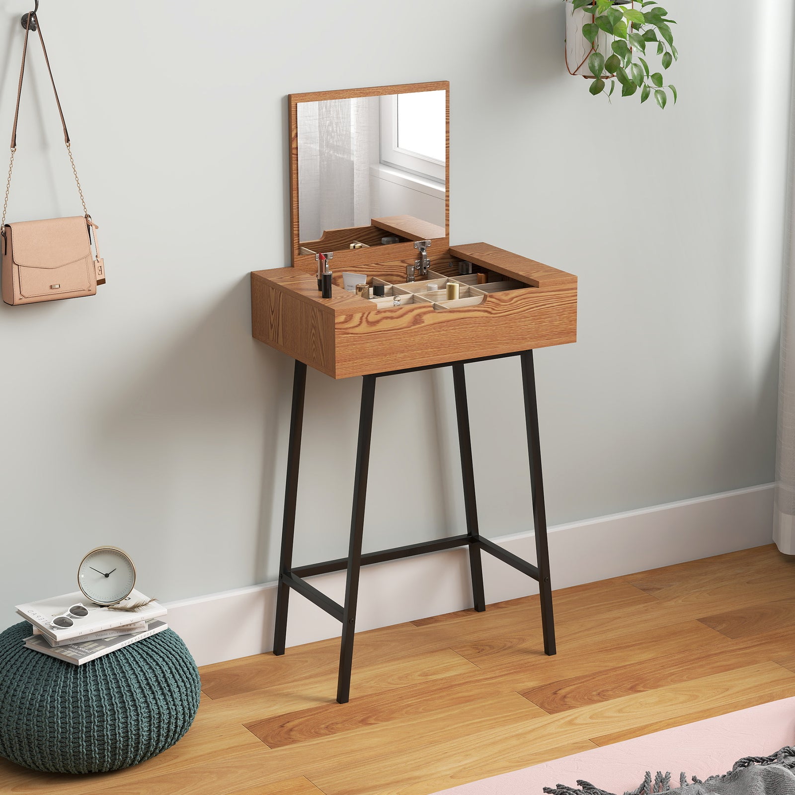 Industrial Vanity Desk With Mirror And Steel Legs Natural Wood Effect