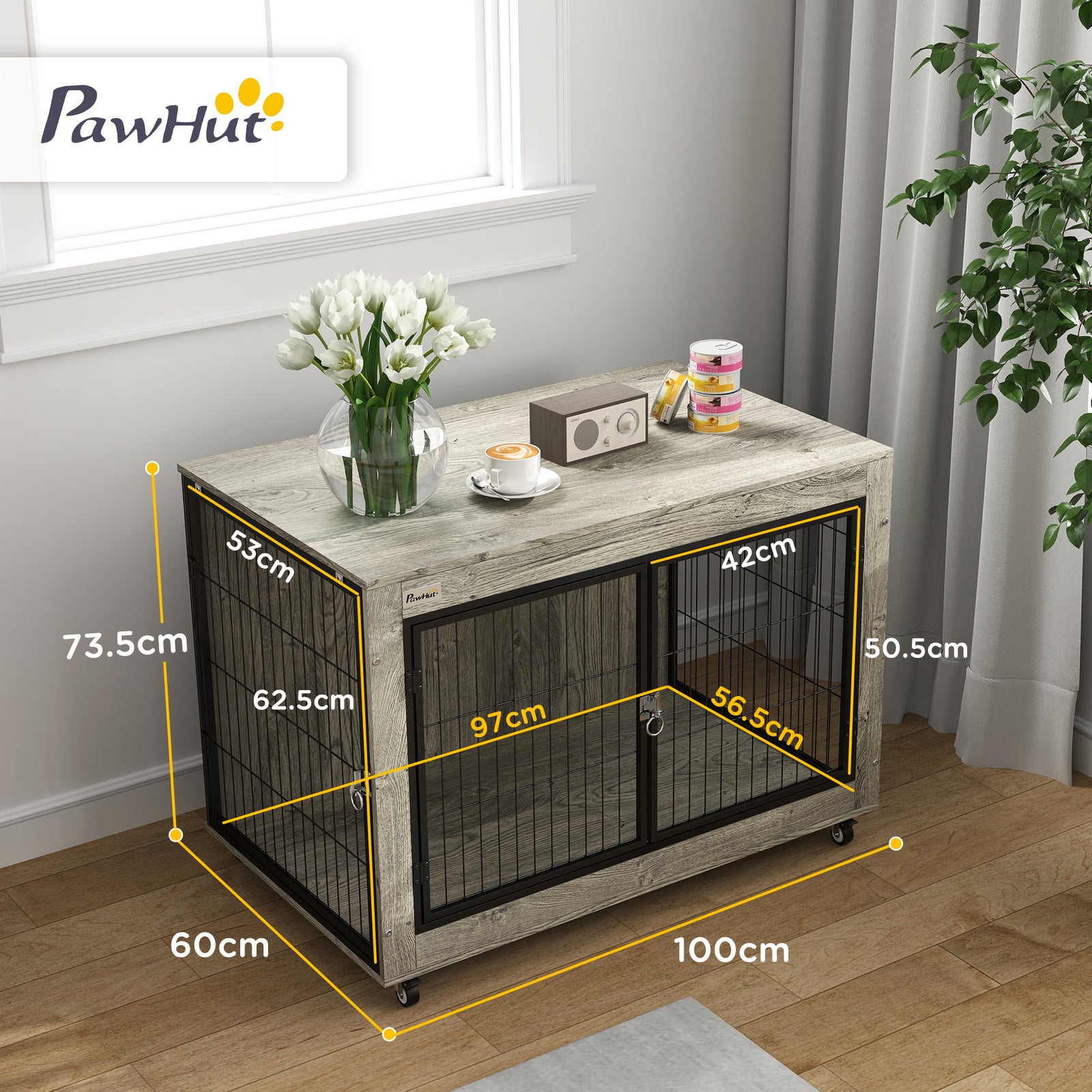 Dog Crate Furniture On Wheels, For Dogs | Gray