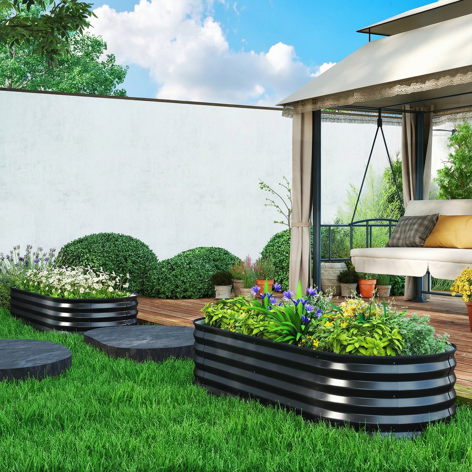 Raised Beds For Garden With Metal Plant Stakes | Set-of-2 | Dark Grey