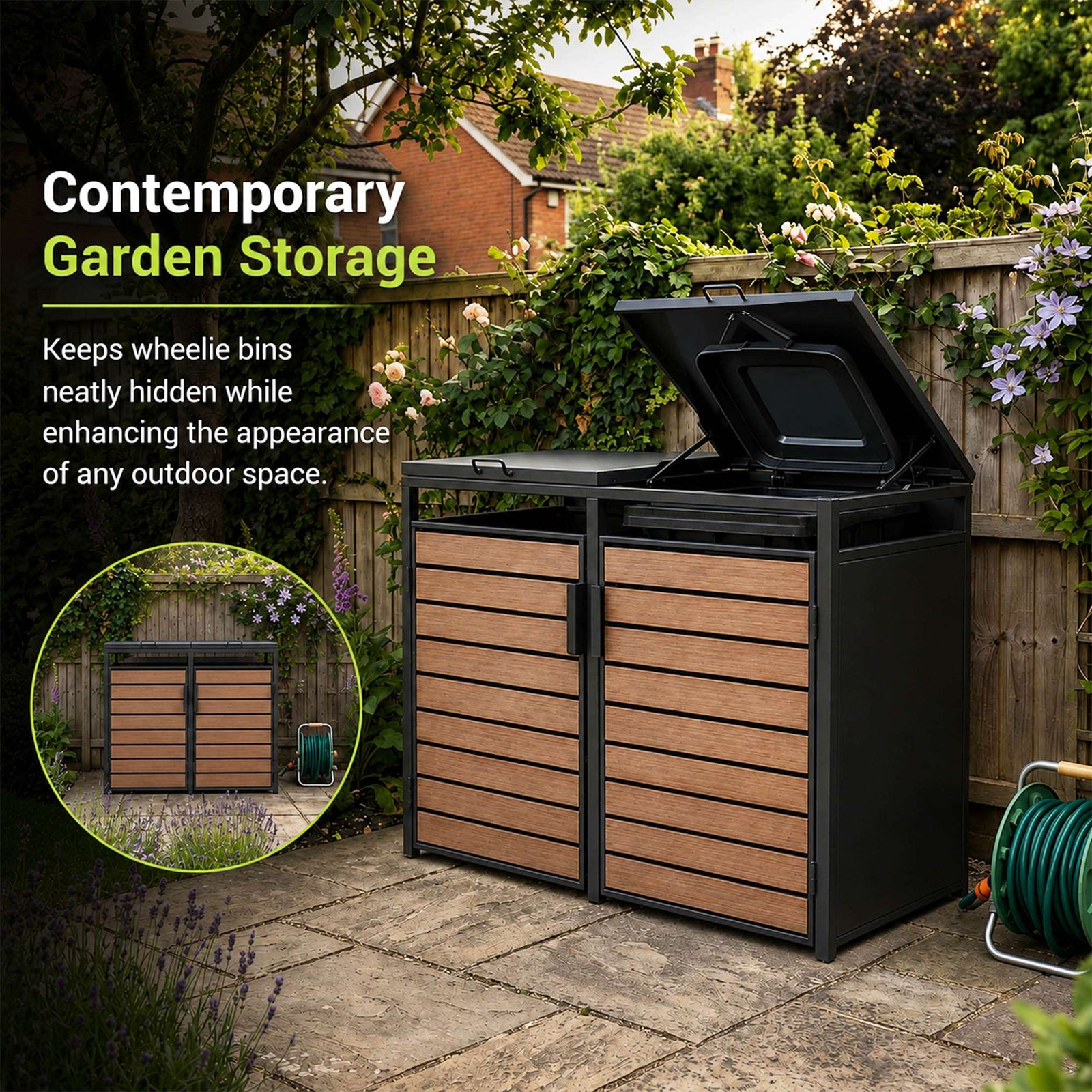 Outdoor Metal Bin Storage Double Wheelie Bin Storage Shed - Wood Slat Doors