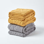 Cable Knit Diamond Pattern Cotton Throw | 150cm x 200cm | Mustard