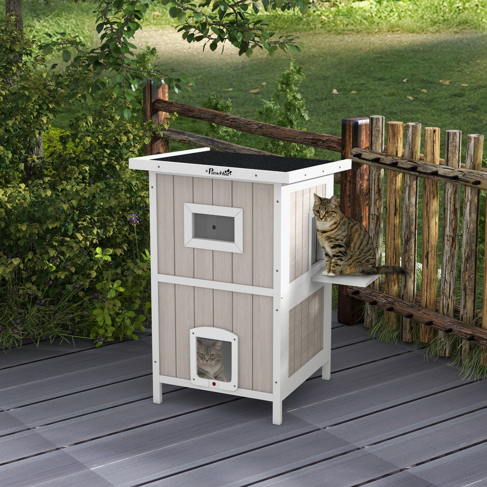 Outdoor Wooden Cat House W/ Removable Bottom, Escape Doors, For 1-2 Cats