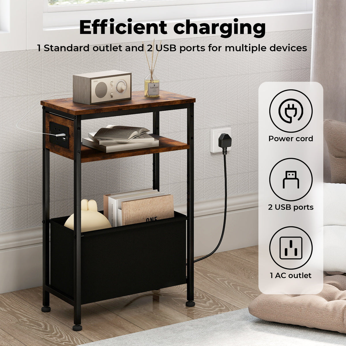 Levede Slim Side Table With Charging Station Storage Narrow End Table Sofa Living Room