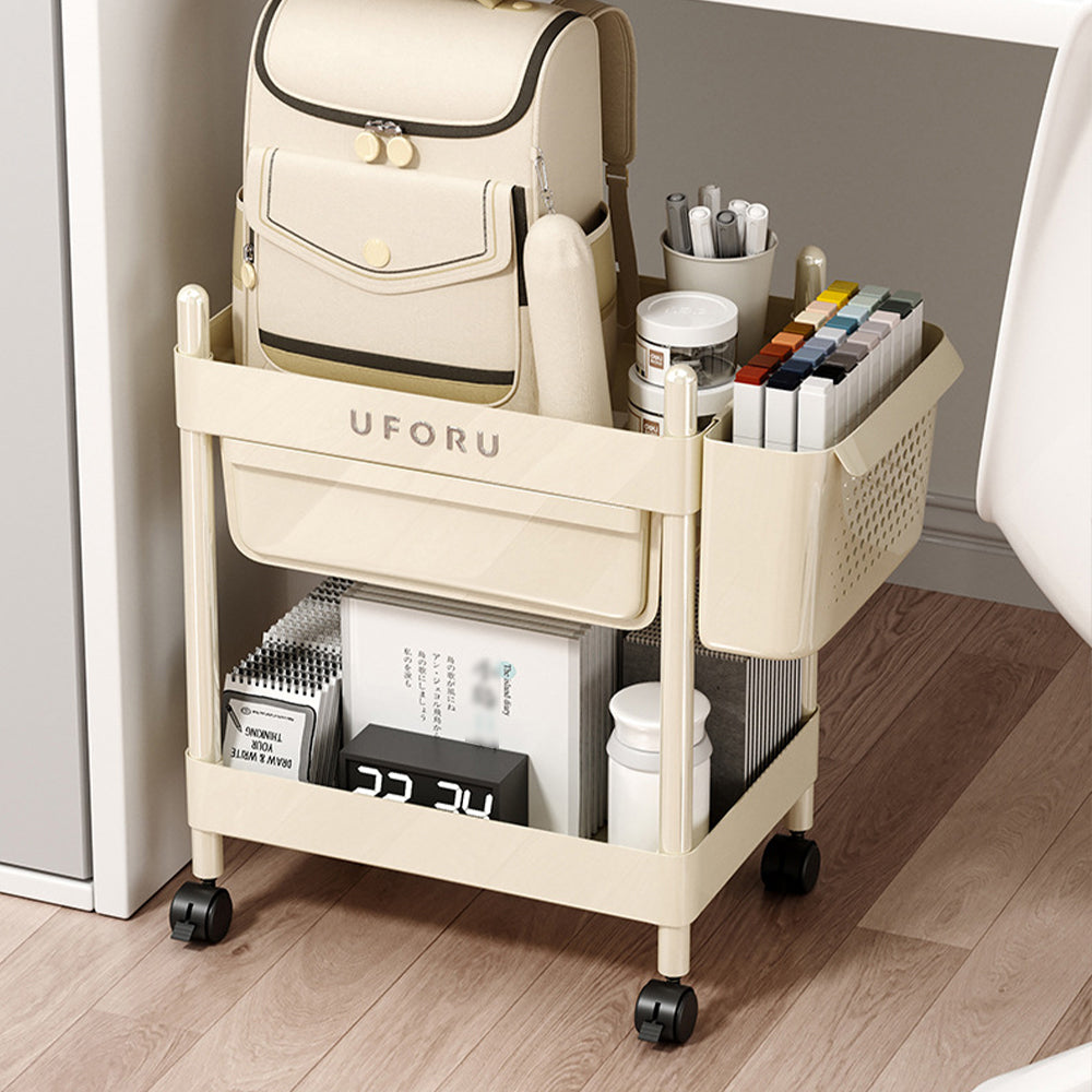2/3/4-tier Rolling Storage Cart With Lockable Wheels Organizer Trolley With Hanging Baskets & Drawer | Small | Cream