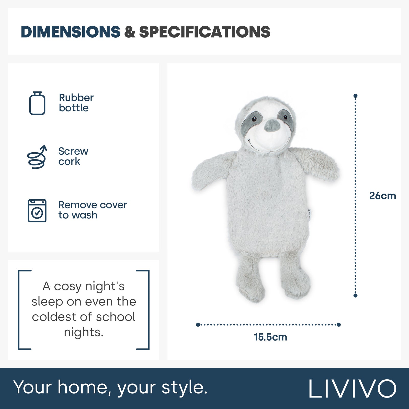 Cuddly Sloth Hot Water Bottle - Grey