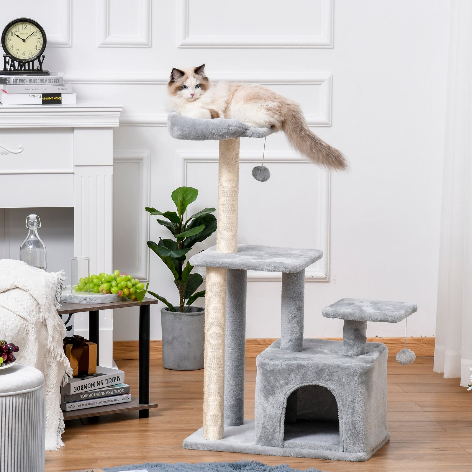 Cat Tree Activity Center W/ Scratching Post Sisal Hanging Ball Light Grey