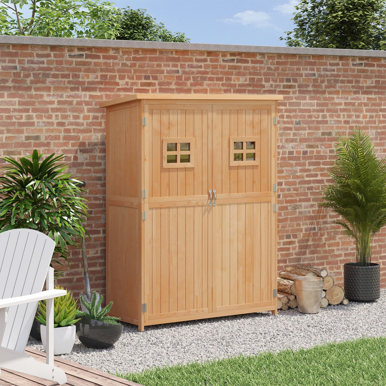 Wooden Garden Shed Tool Storage Cabinet Double Door Shelf | Natura