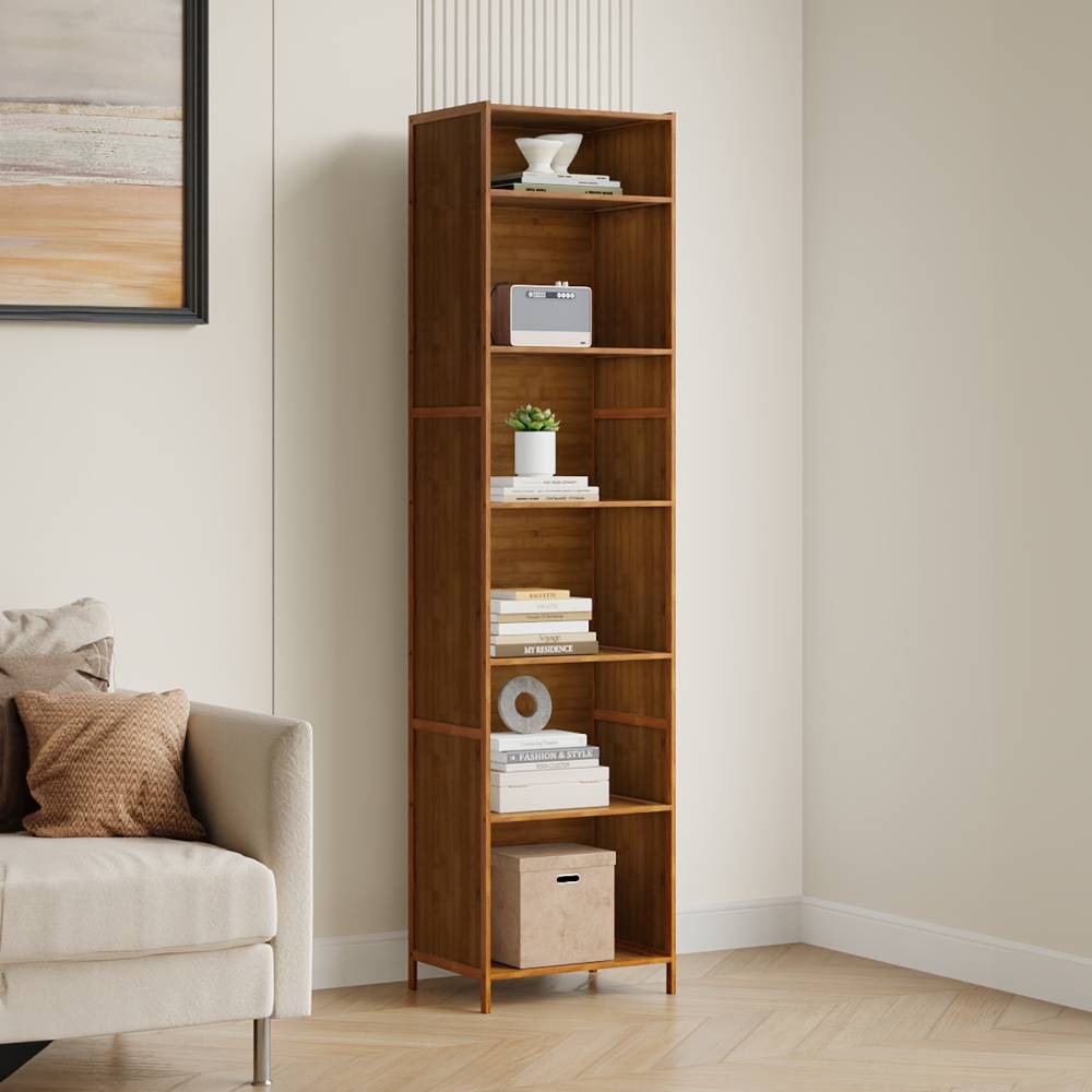 6-tier Open Bookcase, Small Space Bamboo Storage Shelf, Freestanding Corner Organizer With Raised Feet
