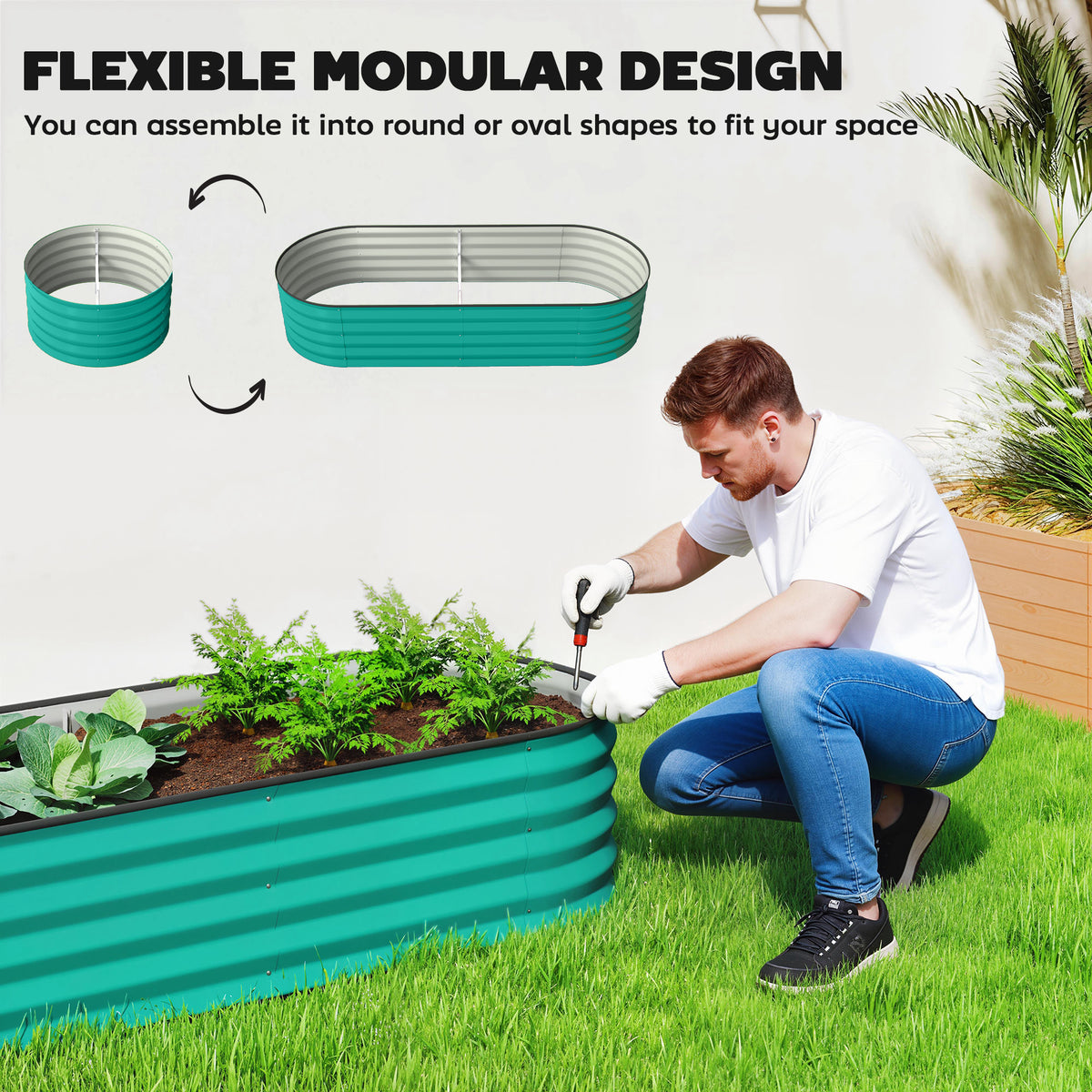Raised Beds For Garden With Metal Plant Stakes | Set of 2 | Green