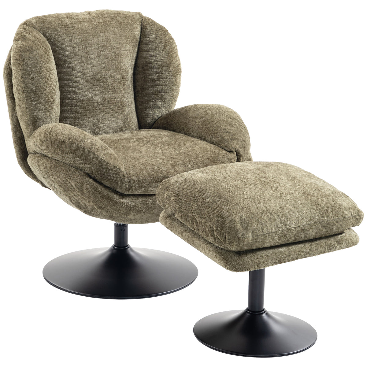Chenille Lazy Chair With Ottoman, 360 Swivel | Dark Green