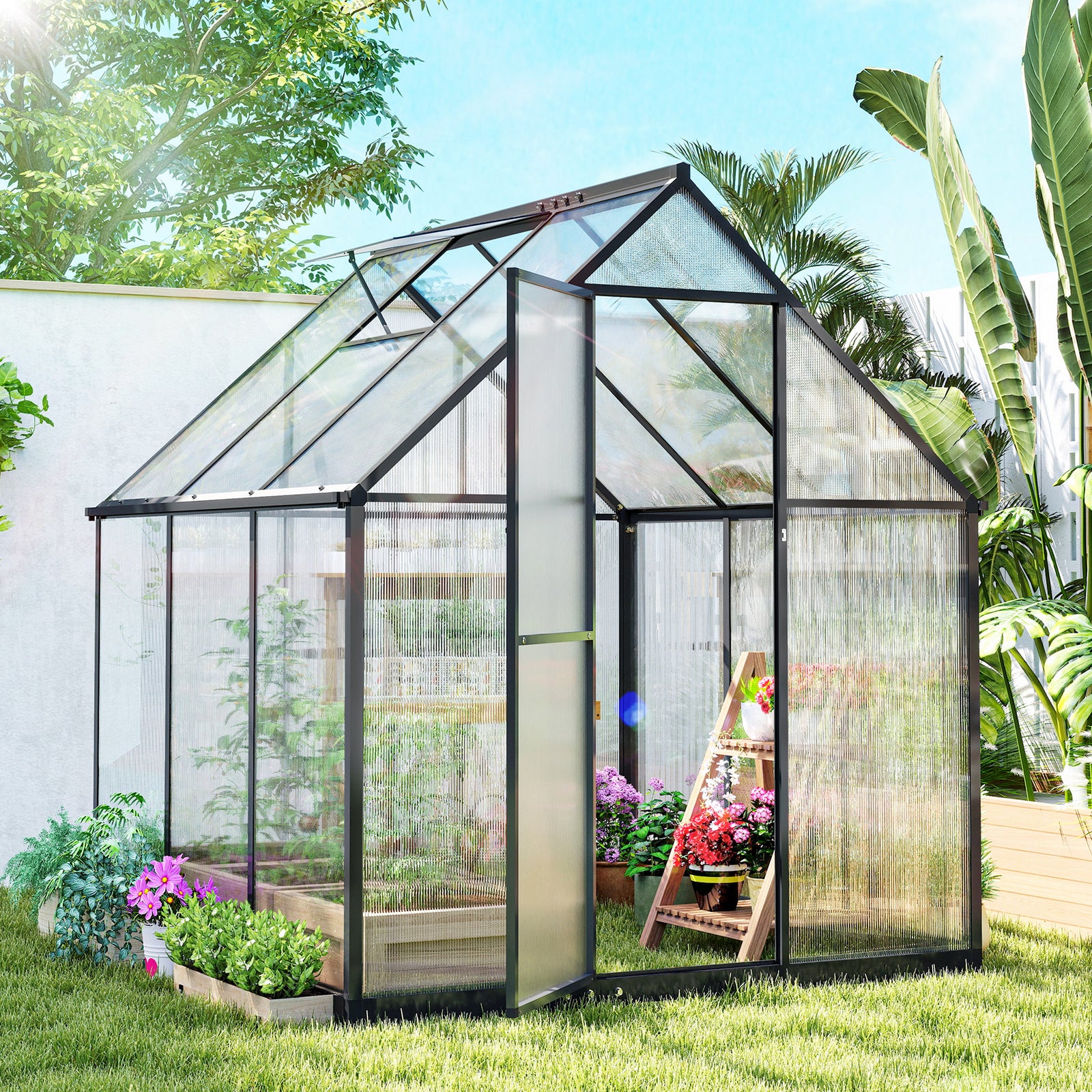 Polycarbonate Greenhouse Garden Green House With Rain Gutter, Black
