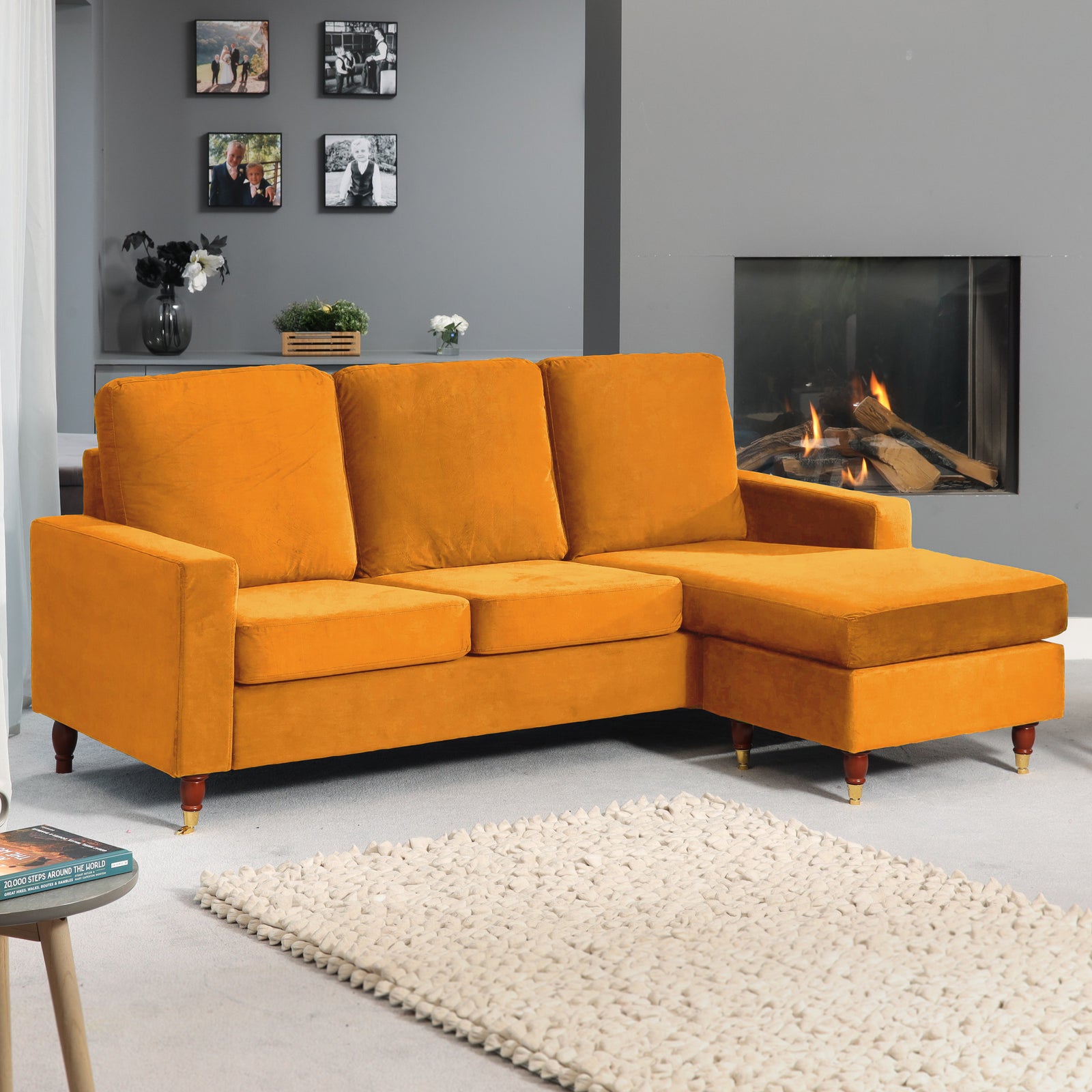 Hendrick Velvet Reversible Corner Sofa | 3 | Orange