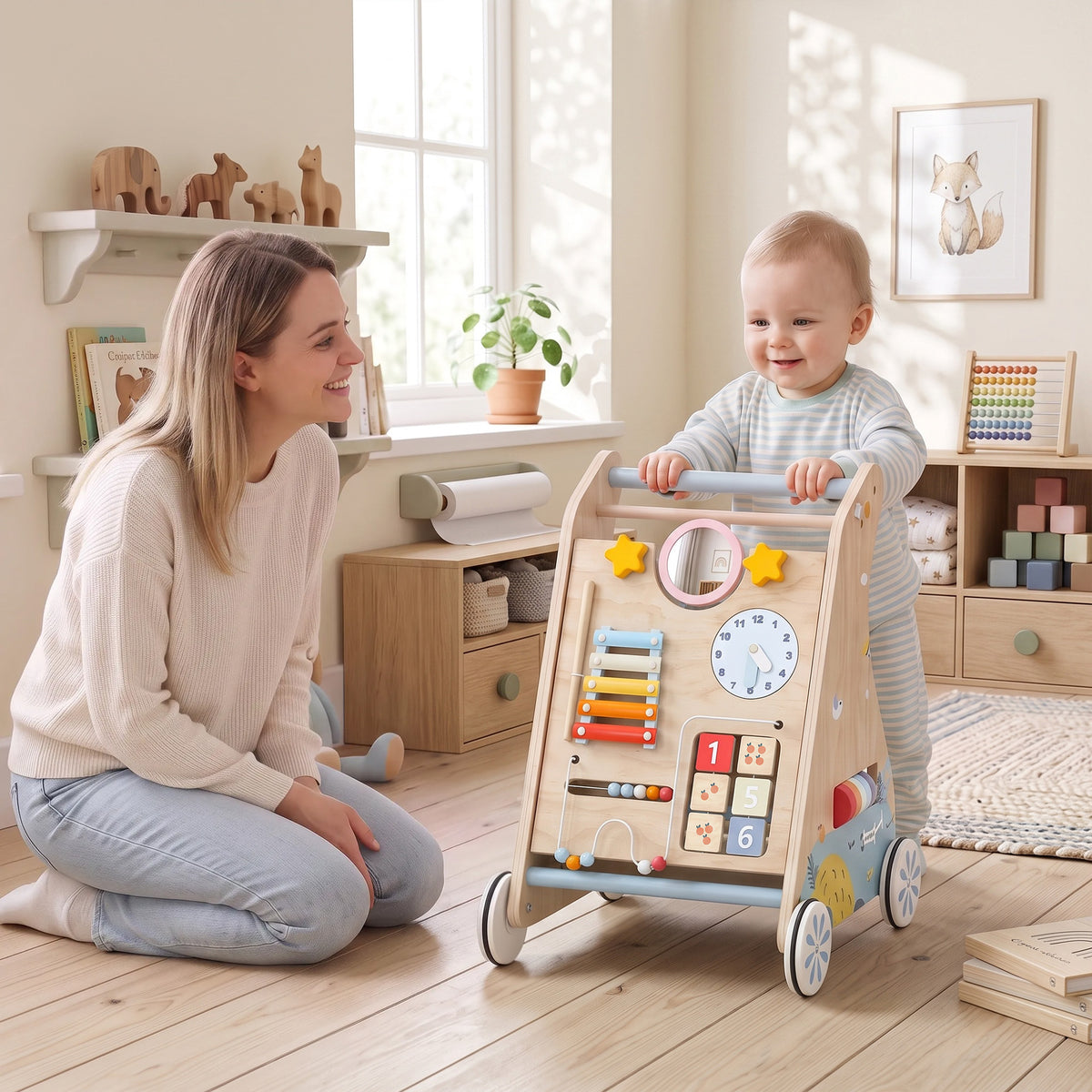 AIYAPLAY Wooden Baby Walker With Detachable Double-sided Activity Board
