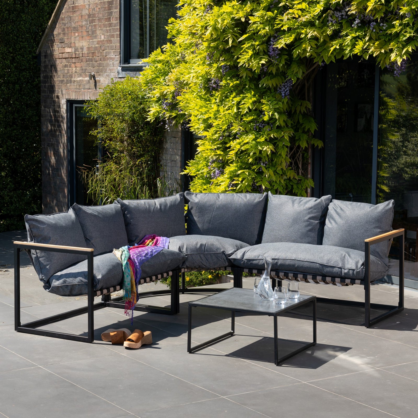 Bosque Black & Grey Garden Corner Sofa + Table