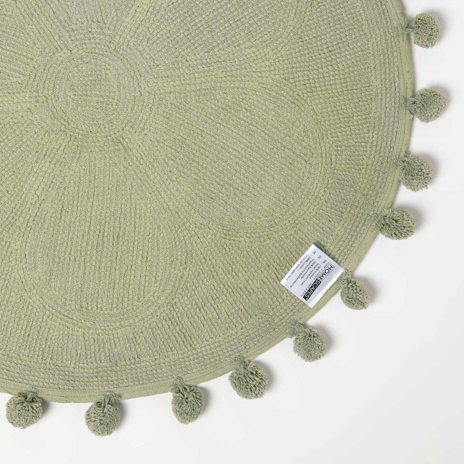 Floral Tufted Round Bathmat With Pom Poms | 60cm | Sage Green