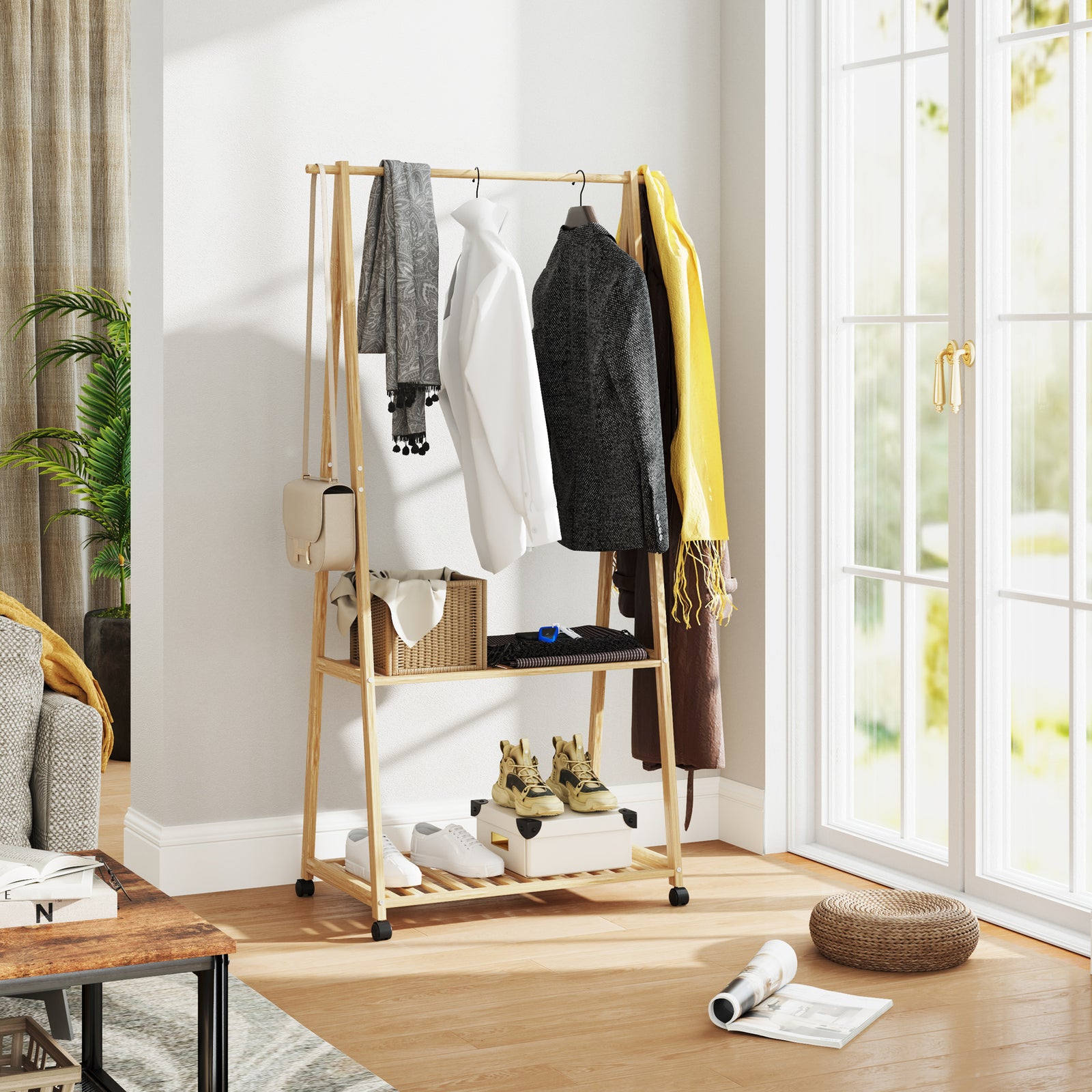 Bamboo Clothes Rail Rack With 2 Storage Shelves
