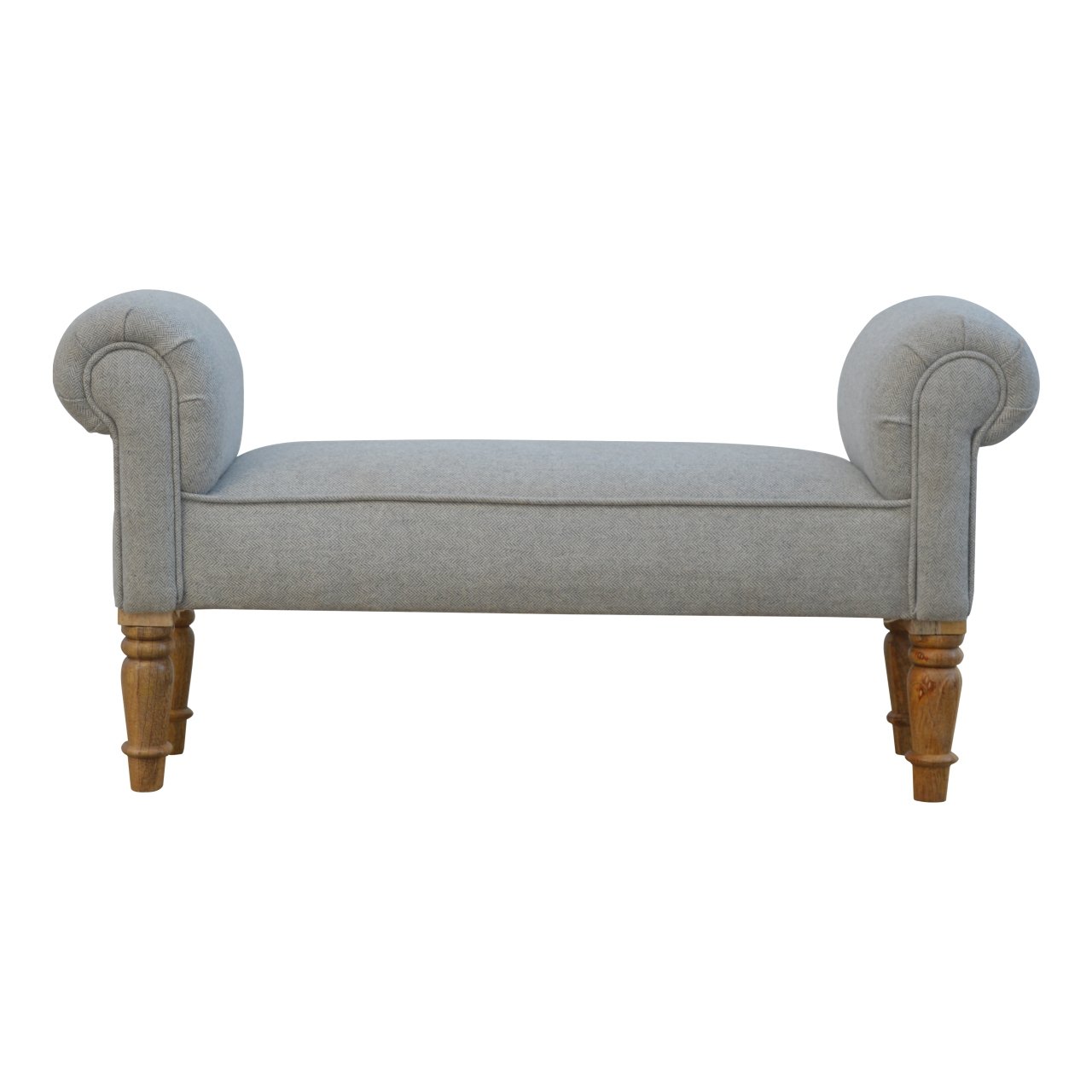Solid Wood Grey Tweed Bench With Turned Feet