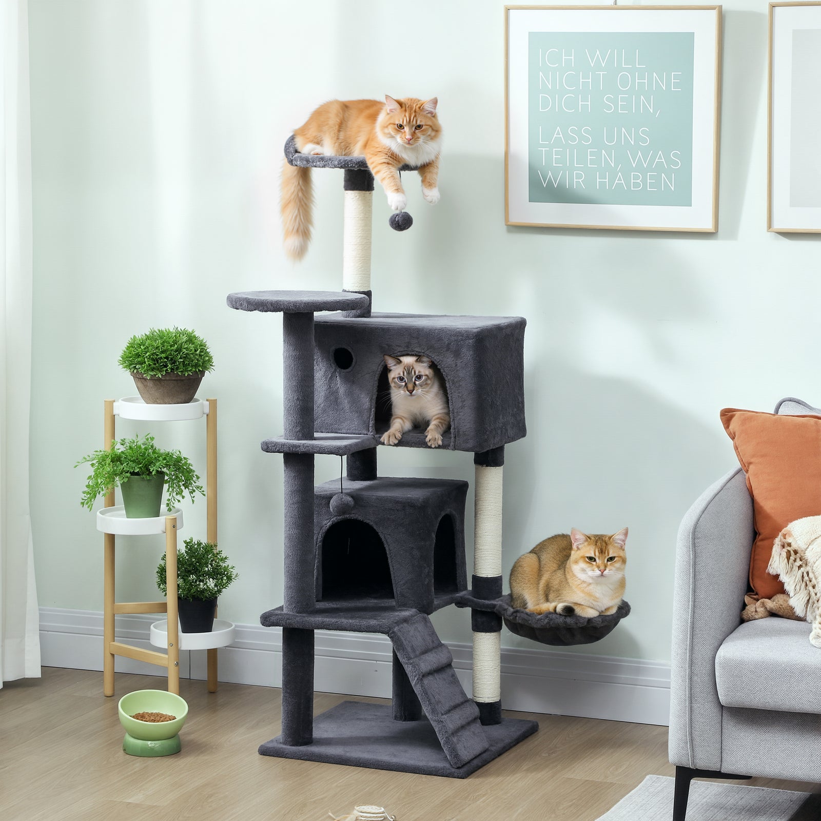 140cm Cat Tree With Sisal Scratching Posts, Cat Houses, Dark Grey