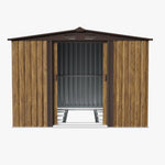 6 x 8ft Metal Apex Roof Garden Shed with Foundation, 3D Brown Wood Grain, Double Sliding Doors & 4 Air Vents