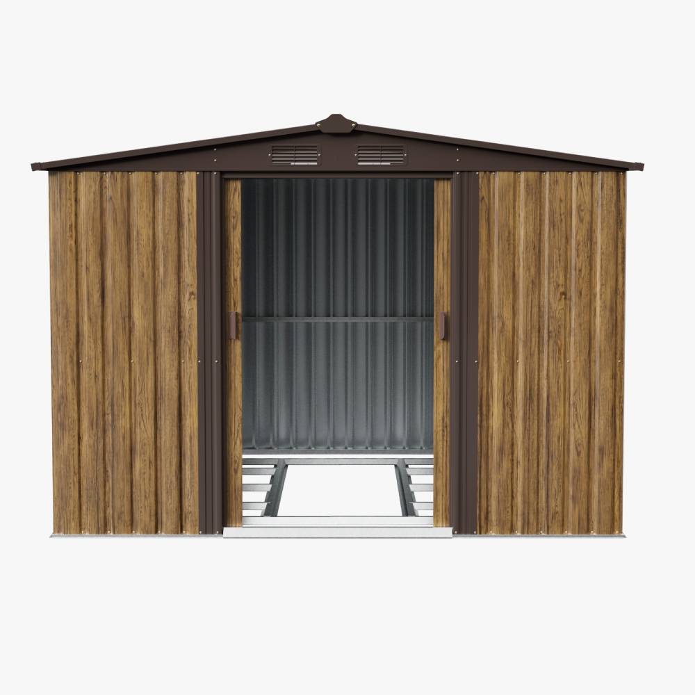 6 x 8ft Metal Apex Roof Garden Shed with Foundation, 3D Brown Wood Grain, Double Sliding Doors & 4 Air Vents