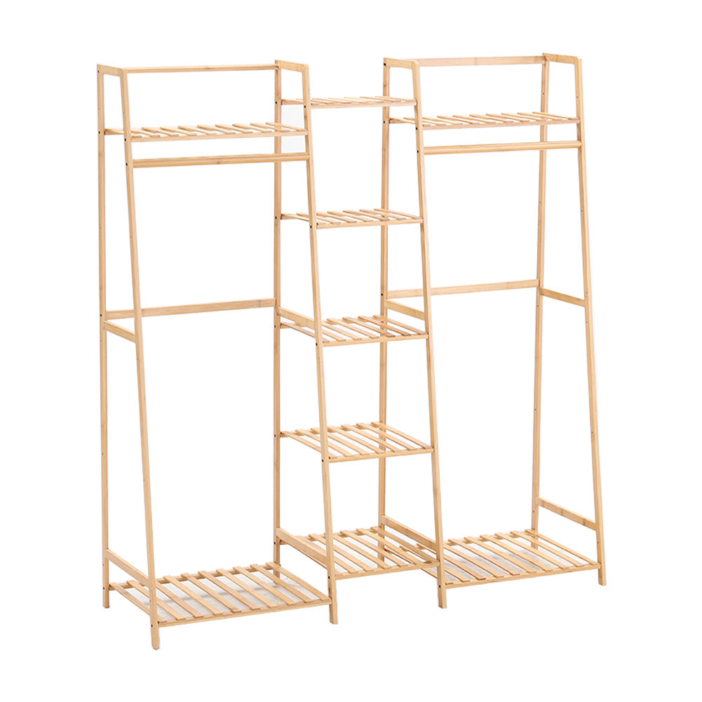 Bamboo Trapezoid Clothing Rack With 5-tier Storage Shelves Multi-functional Clothes Hanging Rack Stand | Natural