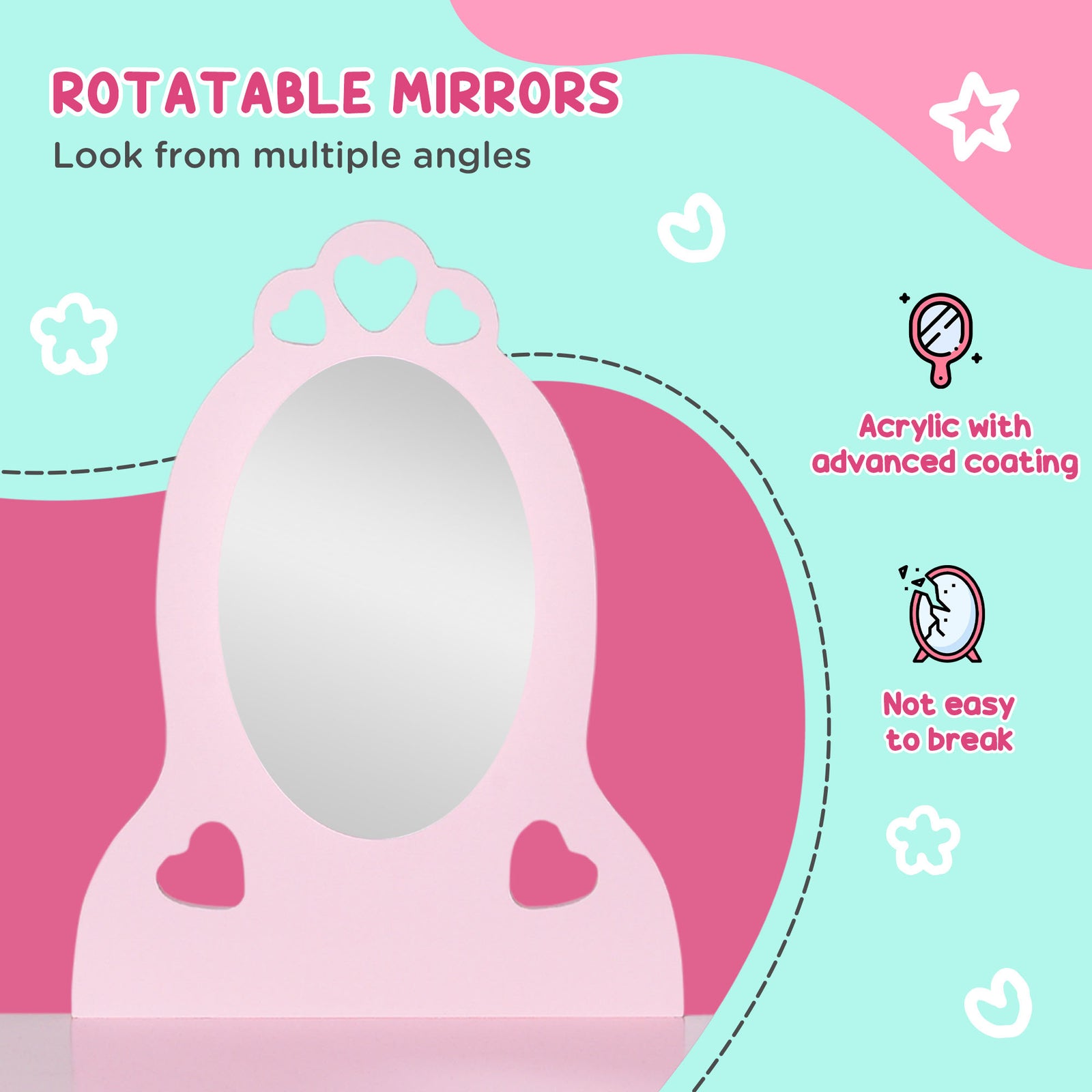 Kids Vanity Table & Stool Girls Dressing Set Make Up Desk With Mirror Pink