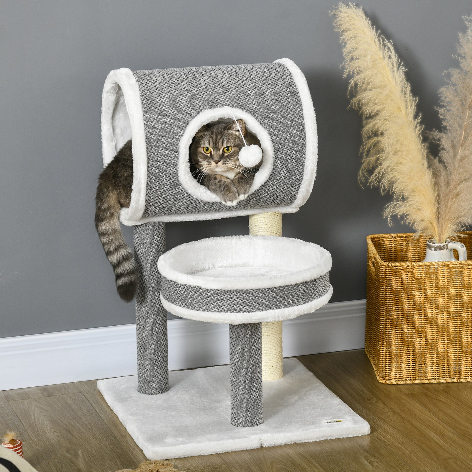 Cat Tower With Scratching Post, Cat Bed, Cat Tunnel, Toy Ball - White