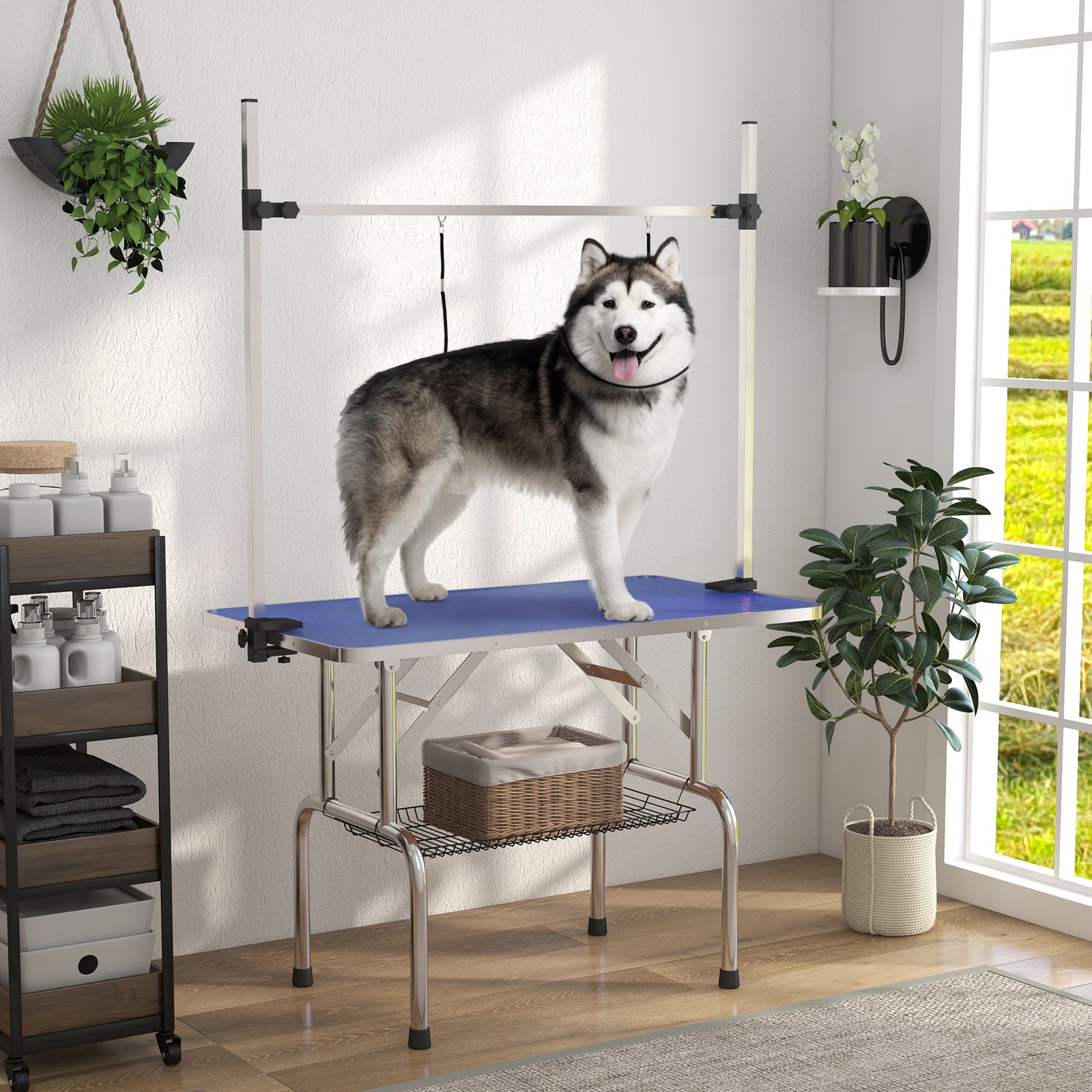 Metal Adjustable Dog Grooming Table Rubber Top 2 Safety Slings Mesh | Blue