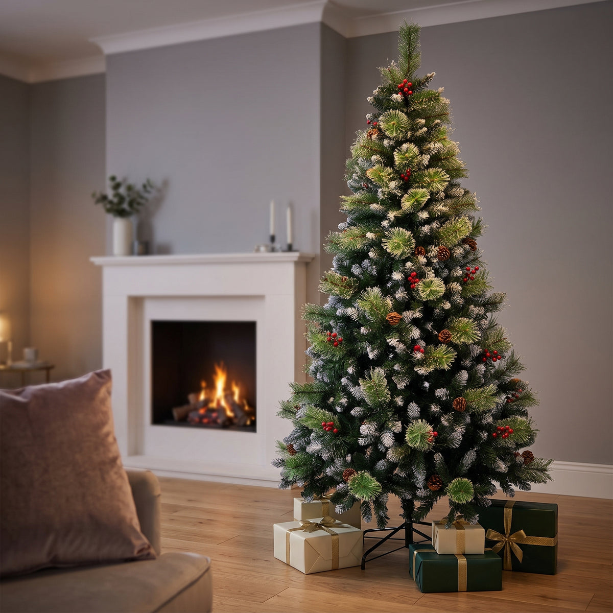 Breeins 180cm Snow-dusted Artificial Christmas Tree With Pinecones & Red Berries