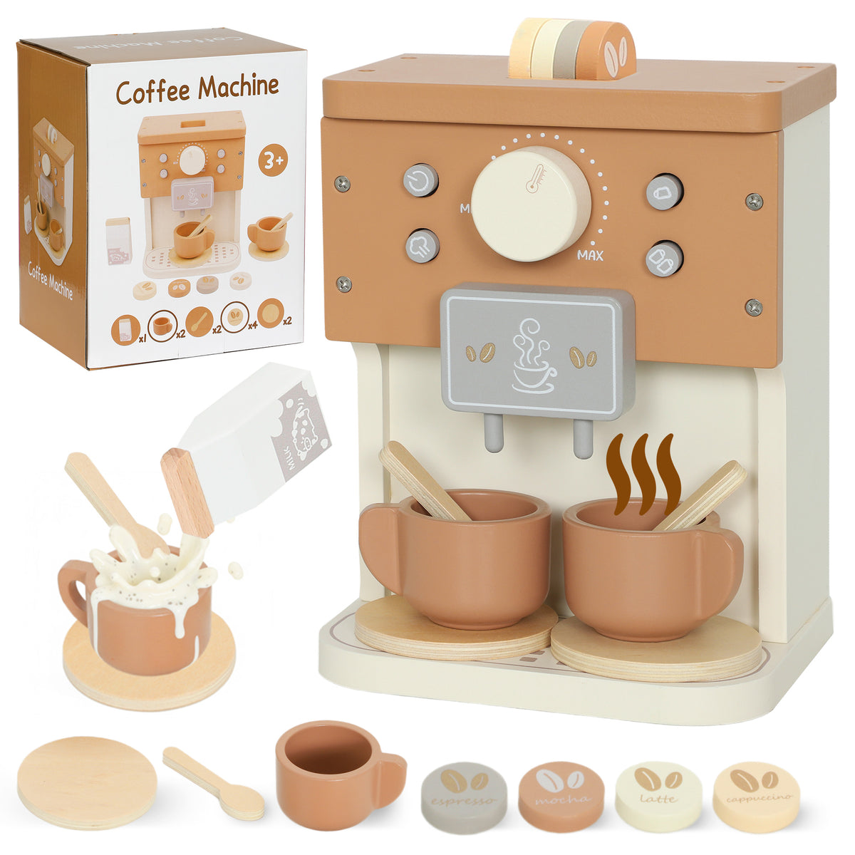 AIYAPLAY Kids Wooden Coffee Machine Toy, Pretend Role Play Toy