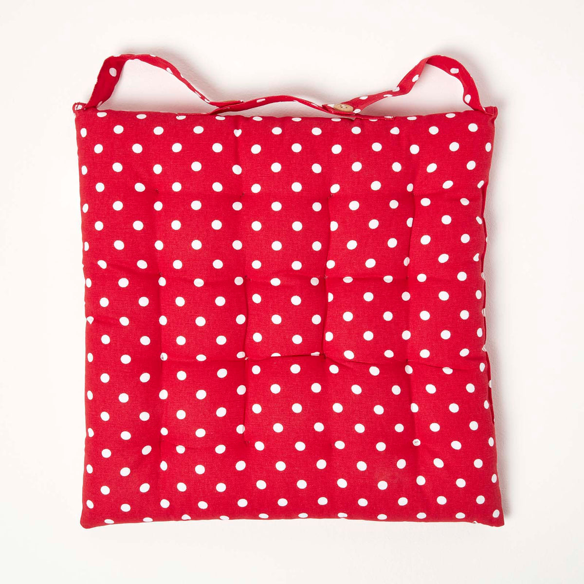 Red Polka Dot Seat Pad With Button Straps 100% Cotton, 40 X 40 Cm | Set of 1 | Red
